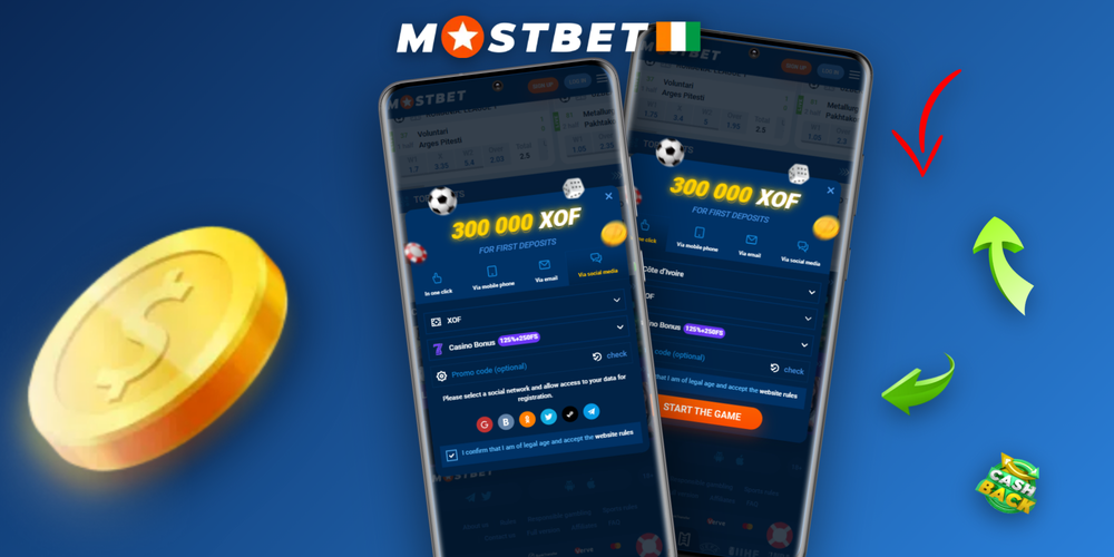 Tableau de bord Mostbet après connexion affichant le solde XOF et le bonus de bienvenue 125%